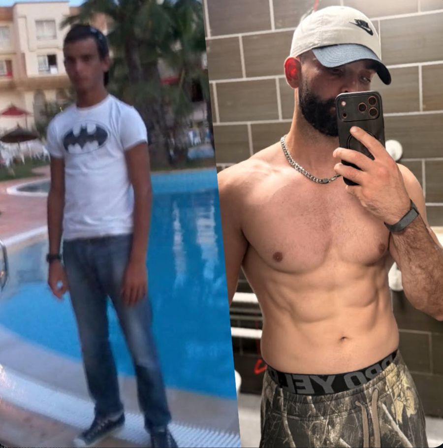 Motez before and after: as a skinny teenager, and today